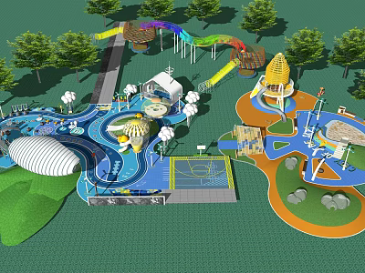 Outdoor Kids Playground With Colorful Slides Mushroom Structures And Green Lawn 3d model