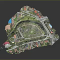3D Model of Residential Community With Colorful Roof Houses Circular Park Lighthouse And Roads
