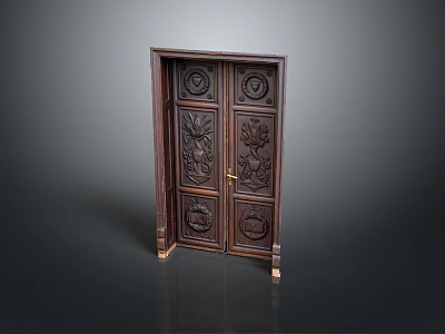 Carved Wooden Door With Intricate Floral Patterns And Decorative Design Details 3d model