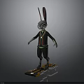 3D Gray Rabbit Character With Long Ears In Black Colorful Outfit On Striped Skateboard