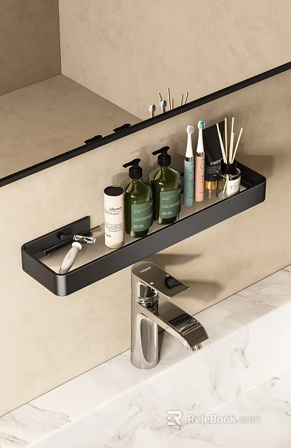 Bathroom Accessories Wall Mounted Black Shelf with Soap Dispensers Toothbrushes and Diffusers 3d model 