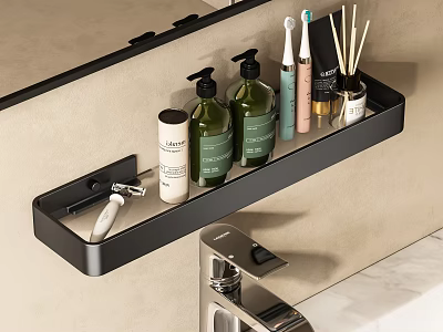 Bathroom Accessories Wall Mounted Black Shelf with Soap Dispensers Toothbrushes and Diffusers 3d model