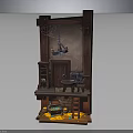 Wooden Miniature Room Scene With Door Table Shelf Candle Chandelier And Gold Coins