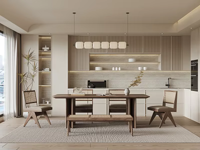 Modern Restaurant Interior With Wooden Dining Table Bench Pendant Lights White Cabinets And Plants 3d model