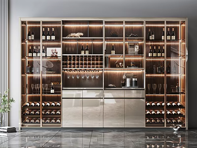 Elegant Modern Wine Cabinet Interior Design With Glass Shelves LED Lighting And Wine Bottle 3d model