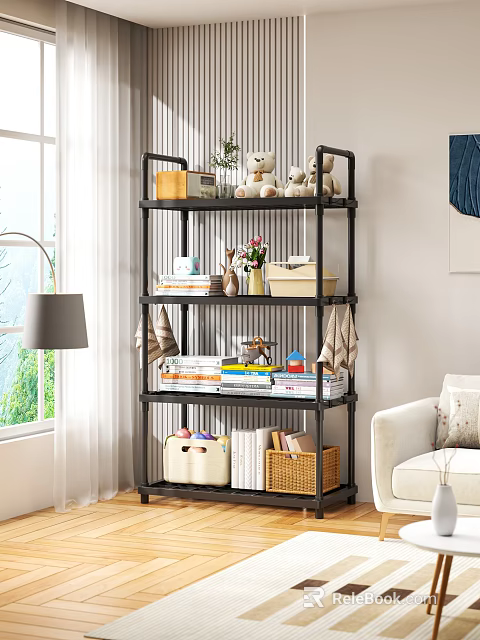 Multilayer Storage Shelf With Books Stuffed Toys Baskets And Decorative Items For Living Room 3d model 