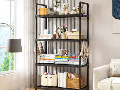 Multilayer Storage Shelf With Books Stuffed Toys Baskets And Decorative Items For Living Room 3d model
