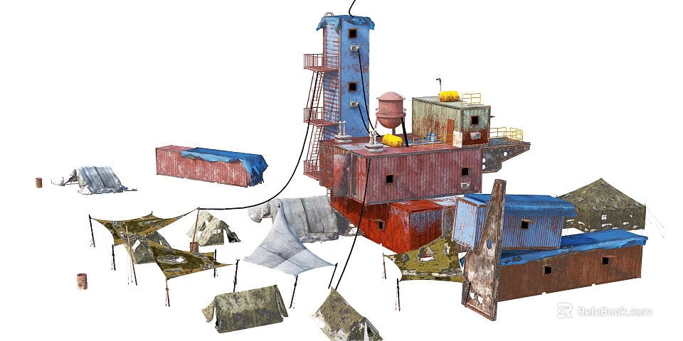 Industrial Equipment Setup Featuring Tower Storage Tank Container Structures And Tents 3d model 