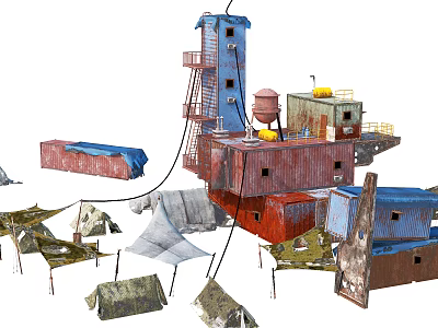 Industrial Equipment Setup Featuring Tower Storage Tank Container Structures And Tents 3d model