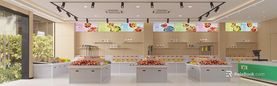 Bright Mall Store Interior With Fresh Fruits And Food Items On Display Shelves 3d model 