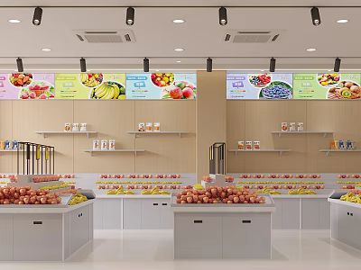Bright Mall Store Interior With Fresh Fruits And Food Items On Display Shelves 3d model