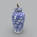 Blue and White Ceramic Jar With Traditional Intricate Patterns And Lid
