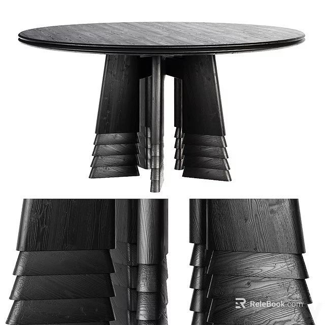 Black Wooden Dining Table With Layered Base And Textured Legs Design 3d model 