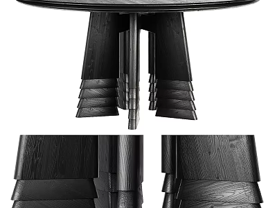 Black Wooden Dining Table With Layered Base And Textured Legs Design 3d model