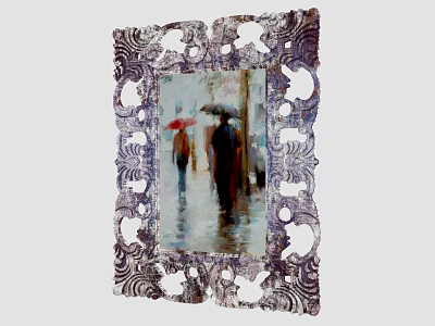 Intricate Carved Picture Frame Showcasing Rainy Street Scene With People Holding Red And Dark Umbrellas 3d model