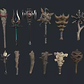 Various Fantasy Weapons Collection With Unique Designs Metal Wood Handles And Decorative Elements