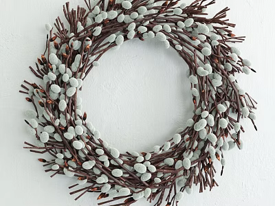 Decorative Circular Wall Decor With Brown Twigs And White Fuzzy Buds 3d model