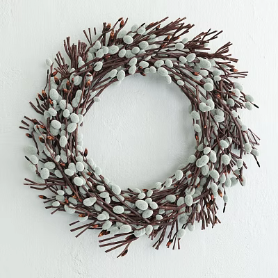 Decorative Circular Wall Decor With Brown Twigs And White Fuzzy Buds 3d model
