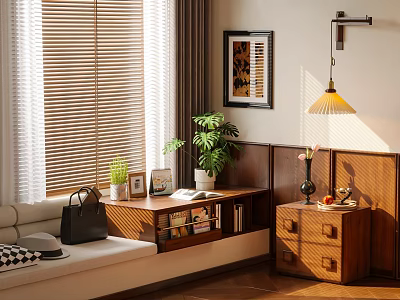 Cozy Modern Bedroom Interior With Wooden Blinds Sofa Potted Plant And Wall Lamp 3d model