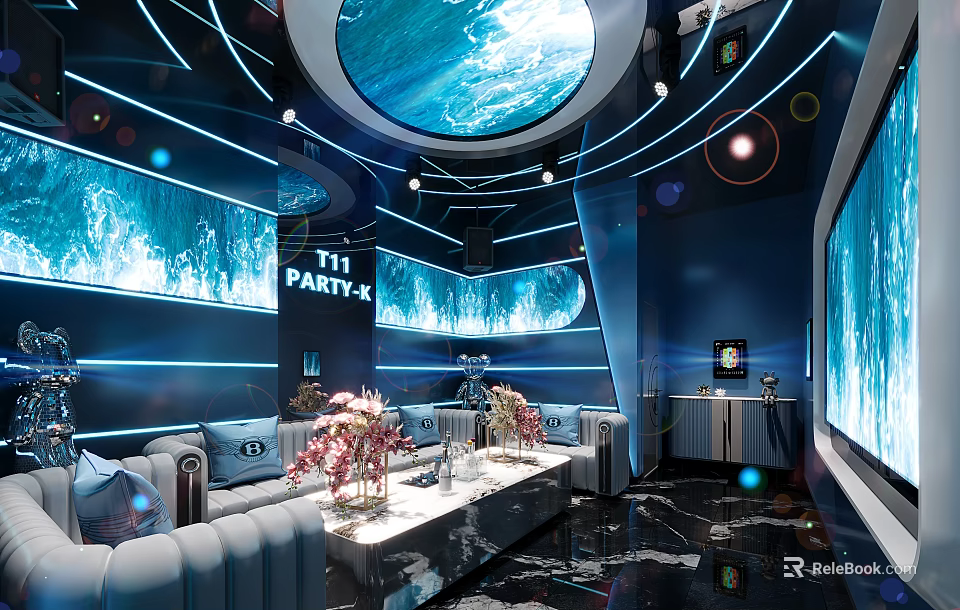Modern KTV Lounge Interior With Blue Ocean Themed Decor And Round Ceiling Screen 3d model 