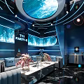 Modern KTV Lounge Interior With Blue Ocean Themed Decor And Round Ceiling Screen