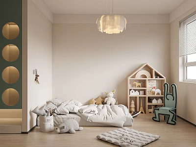 Cozy Children's Room With Bed Stuffed Toys Bookshelf Chair Rug And Pendant Light 3d model
