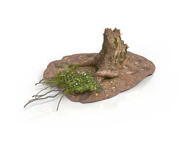 Modern Natural Scene With Tree Stump Green Plants And Moss Covered Ground 3d model