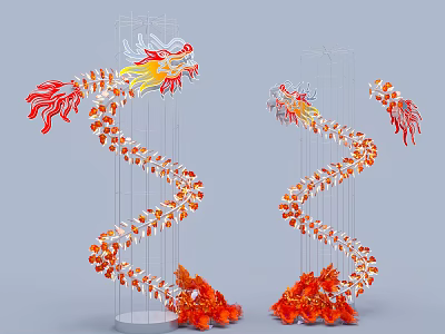 Dragon Shaped Art Installation With Red Orange Flame Decorations Spiral Structure And Base Flame Accents 3d model