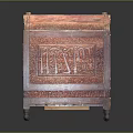 Reddish Brown Wooden Storage Chest with Intricate Carved Patterns and Smooth Texture