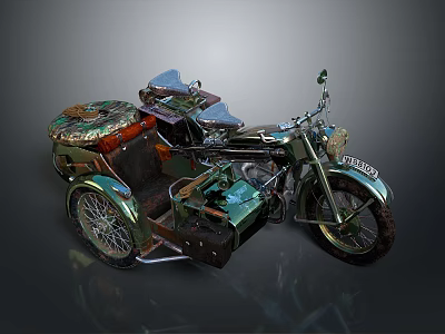Vintage Classic Motorcycle With Sidecar And Retro Metallic Green Design 3d model