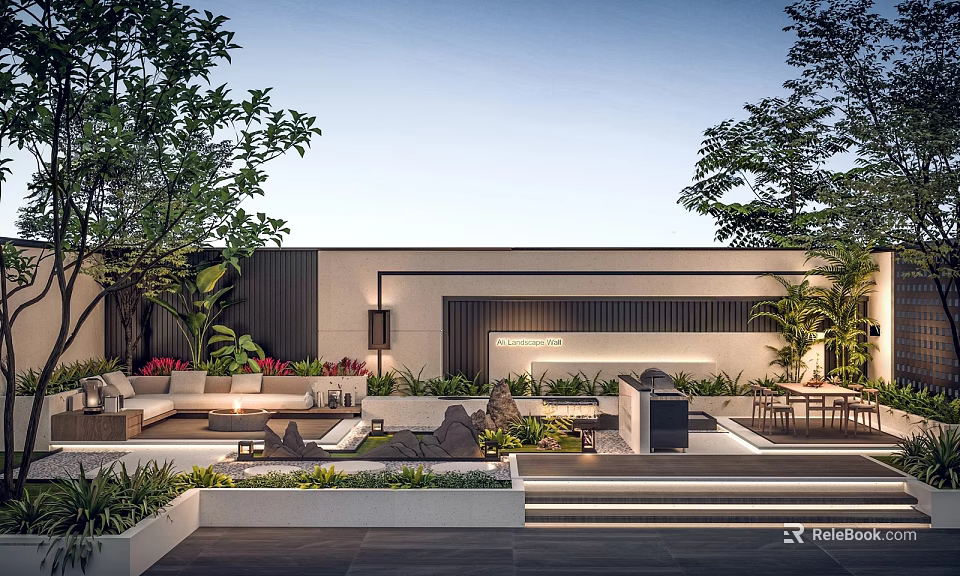 Modern Outdoor Garden Design With Patio Sofa Greenery Stone Water Feature And Lighting 3d model 