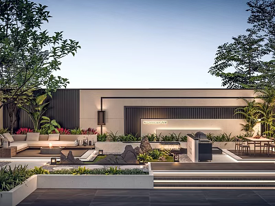 Modern Outdoor Garden Design With Patio Sofa Greenery Stone Water Feature And Lighting 3d model