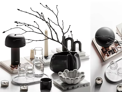 Elegant Modern Decorative Ornament Set With Black Vase Glassware And Decorative Branches 3d model