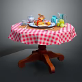 Wooden Round Dining Table Set With Red White Checkered Tablecloth Dishes And Breakfast Items