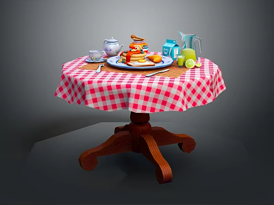 Wooden Round Dining Table Set With Red White Checkered Tablecloth Dishes And Breakfast Items 3d model