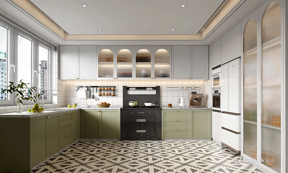 Modern Kitchen Interior With White Green Cabinets Arched Glass Front Marble Countertops And Geometric Flooring 3d model 