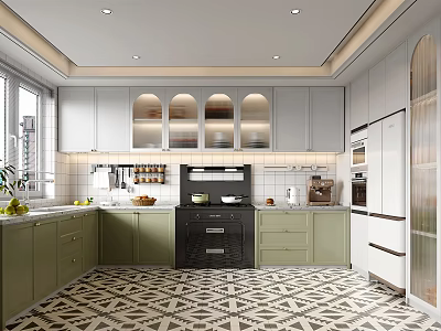 Modern Kitchen Interior With White Green Cabinets Arched Glass Front Marble Countertops And Geometric Flooring 3d model