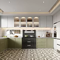 Modern Kitchen Interior With White Green Cabinets Arched Glass Front Marble Countertops And Geometric Flooring