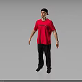 Man in Red T-shirt and Black Cap Standing with Black Pants and Shoes