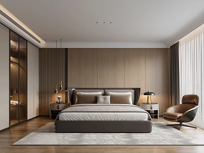 Modern Bedroom Interior With Wooden Wall Large Bed Bedside Tables Lamps Armchair And Soft Rug 3d model