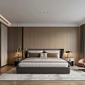 Modern Bedroom Interior With Wooden Wall Large Bed Bedside Tables Lamps Armchair And Soft Rug