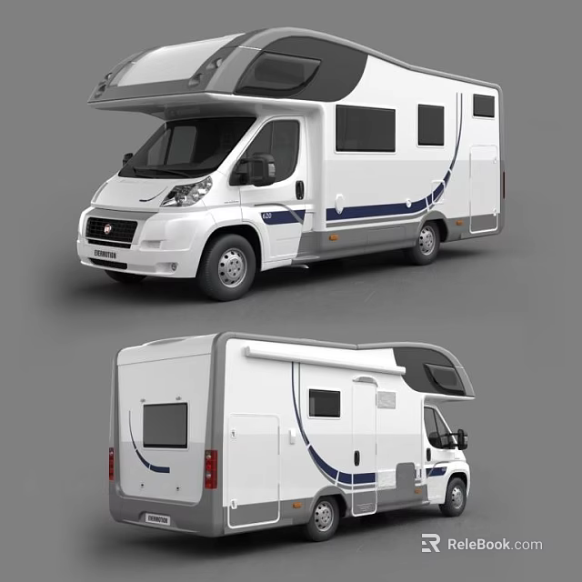 White Camper Van With Blue Accent Stripes Side Windows And Roof Design 3d model 