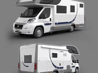White Camper Van With Blue Accent Stripes Side Windows And Roof Design 3d model