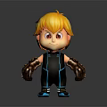 3D Cartoon Game Character With Orange Hair Red Eyes Black Jumpsuit And Brown Gloves