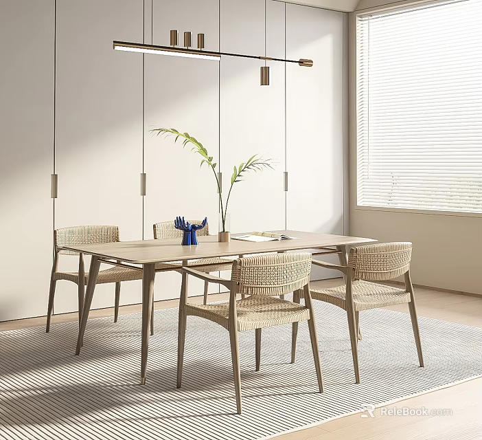 Modern Wooden Dining Table Set With Rattan Chairs And Green Plant Vase 3d model 