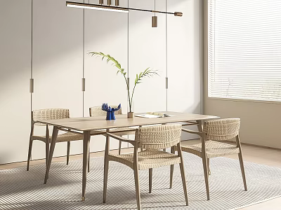 Modern Wooden Dining Table Set With Rattan Chairs And Green Plant Vase 3d model