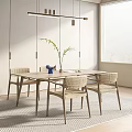 Modern Wooden Dining Table Set With Rattan Chairs And Green Plant Vase