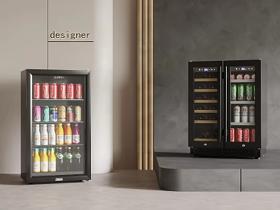 Designer Modern Black Glass Door Beverage Display Refrigerators With Assorted Drinks Cans And Bottles 3d model
