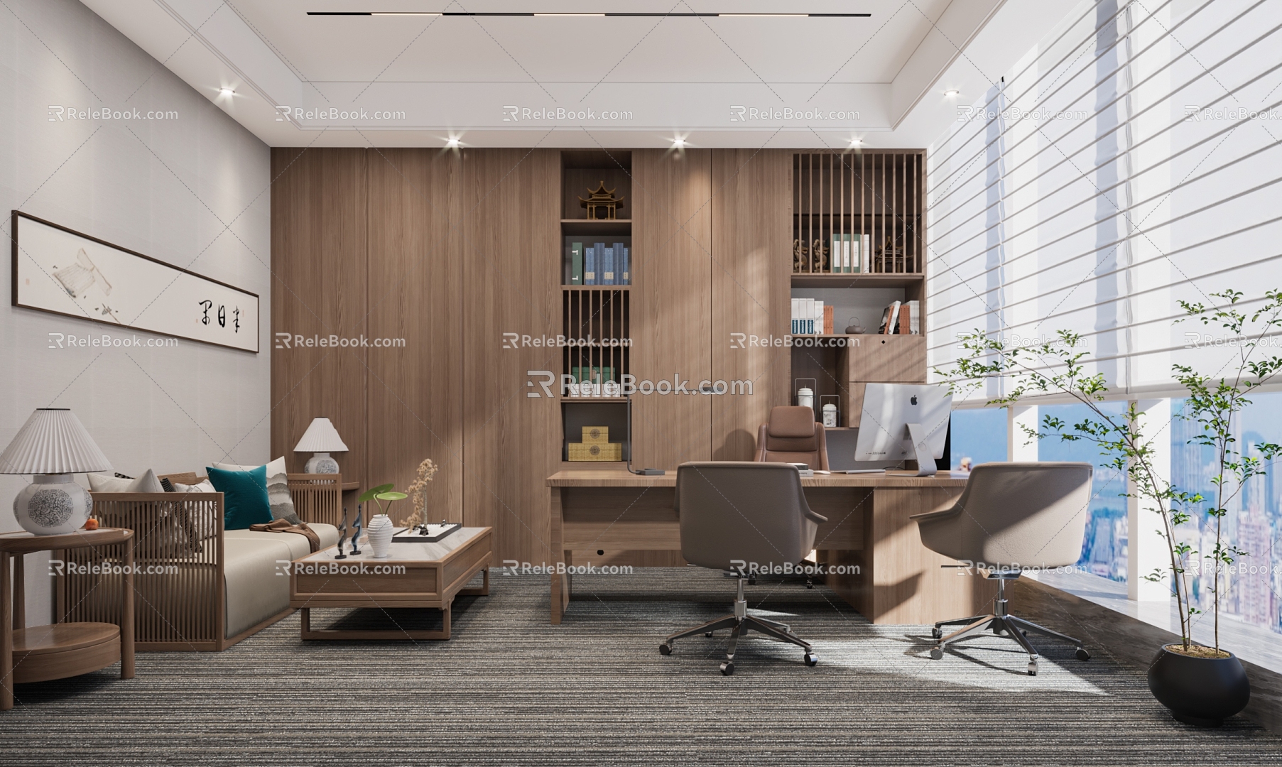 Simple Chinese Manager Office Simple Desk Simple Chinese Sofa Office Green Plant 3d model