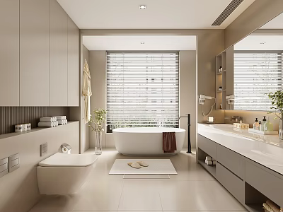 Modern Bathroom Interior Design With Gray Cabinets Bathtub Vanity And Window Blinds 3d model